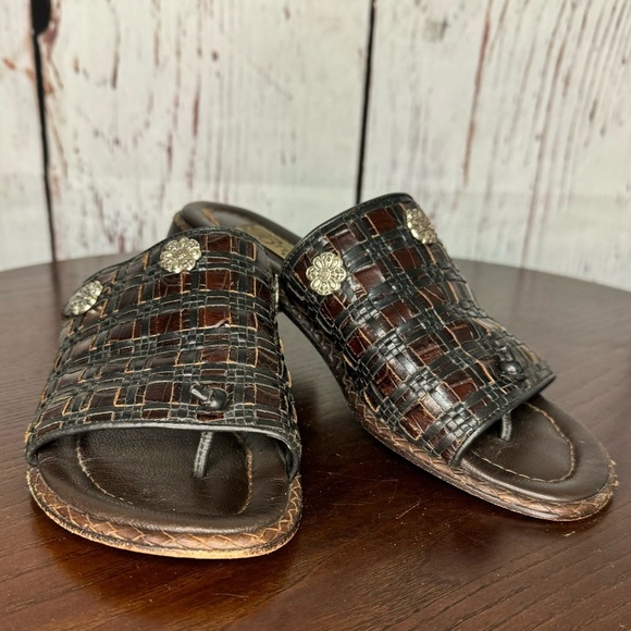 BRIGHTON women’s woven leather slides thongs sandals multi tone brown size 6 GUC - Picture 3 of 16